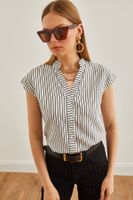 Olalook Women's White Black V-Neck Striped Viscose Shirt