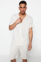 Trendyol Beige Regular Fit Shirt Collar Knitted Summer Pajama Set with Shorts