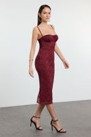 Trendyol Dark Burgundy Body-Smoothing Lined Lace Knit Dress