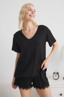 Trendyol Black Solid Lace Viscose Jersey Knitted Pajama Set