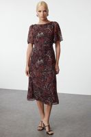 Trendyol Red Animal Patterned A-Line Angel Sleeve Lined Chiffon Midi Woven Dress