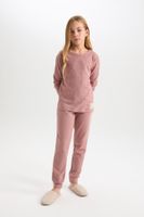 DEFACTO Girls Pajama Set Woven Labeled Waffle Long Sleeve Top Elastic Waist Long Bottom