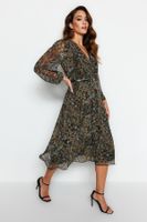 Trendyol Green Belted A-Line Midi Double Breasted Collar Patterned Chiffon Dress Woven Dress