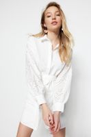 Trendyol Ecru Belted Mini Woven Brode Sleeve Detailed Woven Dress