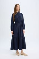 DEFACTO Shirt Collar Basic Plain Button Closure Gathered Waist Long Sleeve Maxi Navy Blue Dress