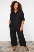 Trendyol Curve Black Textured Button-Woven Shirt-Pants Plus Size Bottom-Top Set