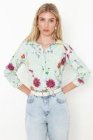 Trendyol Mint Flower Patterned Regular Fit Woven Shirt