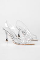 Shoeberry Women's Antoi Silver Transparent Tie Stone Heeled Shoes