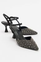 LuviShoes VİLKA Black Satin Stone Pointed Toe Thin Heeled Evening Shoes