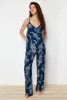 Trendyol Blue Tiger Patterned Rope Suspender Viscose Woven Pajama Set