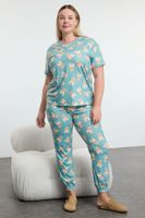 Trendyol Curve Mint Teddy Bear Patterned Jogger Fit Knitted Pajama Set