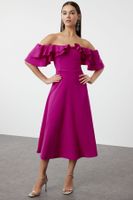 Trendyol Fuchsia A-Line Carmen Collar Woven Elegant Evening Dress