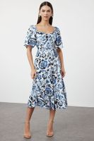 Trendyol Blue Floral Patterned A-Line Balloon Sleeve Floral Patterned Midi Woven Dress
