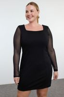 Trendyol Curve Black Square Neck Sleeves Tulle Knitted Plus Size Dres