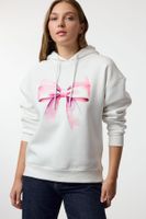 Trendyol Ecru Bow Printed Oversize/Wide Fit Hooded Thick Inside Fleece Knitted Sweatshirt