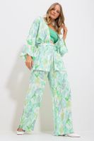 Trend Alaçatı Stili Women's Green Kimono Jacket And Palazzo Pants Set