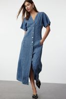 Trendyol Blue Stitch Detailed V Neck Maxi Denim Dress