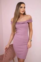 Shoulder dress with frills navy pink