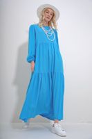 Trend Alaçatı Stili Women&#039;s Turquoise Boat Neck Balloon Sleeve Flounced Belted Viscose Dress