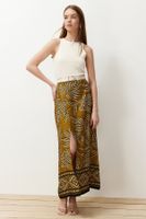 Trendyol Light Khaki Slit Patterned Viscose Fabric Maxi Woven Skirt