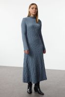 Trendyol Indigo Plain Textured Stand Collar A-Line Flexible Maxi Knit Dress