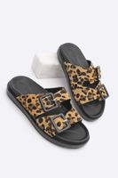 Marjin Women's Double Buckle Leopard Patterned Daily Slippers Bervas Leopard