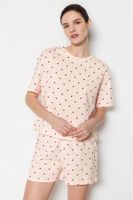 Trendyol Light Pink 100% Cotton Polka Dot and Heart Knitted Pajama Set