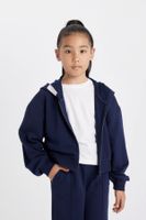 DEFACTO Girls Text Printed Navy Blue Hooded Zippered School Sweatshirt