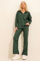 Trend Alaçatı Stili Women's Walnut Green Polo Neck Top and Palazzo Pants Knitwear Bottom Top Set