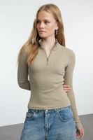 Trendyol Stone Fitted Zipper Collar Stretchy Knitted Blouse