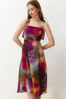 Trendyol Multicolored Floral Slit Back Gipe Detail Chiffon Lined Midi Woven Dress