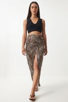 Happiness İstanbul Women's Black Beige Leopard Patterned Slit Midi Knitted Skirt