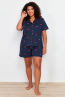 Trendyol Curve Navy Blue Heart Print Shirt Collar Knitted Pajamas Set