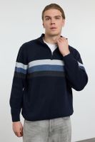 Trendyol Navy Blue Regular Cotton Half Turtleneck Color Block Knitwear Sweater