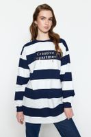 Trendyol Navy Blue Oversize Printed Knitted Striped Tunic