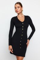 Trendyol Black V nyakgomb részletesen kidolgozott reteszelő testcsúszó mini kötött ruha