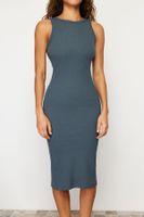 Trendyol Light Anthracite Corded Body-Fitted Crew Neck Flexible Midi Knitted Pencil Dress