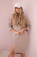 Dress with hood and slit on the side dark beige
