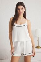 Trendyol White Piping Detail Rope Strap Viscose Knitted Pajama Set