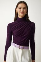 Happiness İstanbul Women's Damson Gathered Detailed High Neck Sandy Blouse