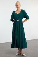 Trendyol Emerald Green Skater Belted Three Quarter Sleeve Maxi Stretch Knit Dress