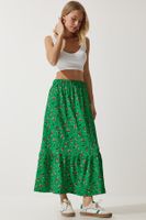 Happiness İstanbul Women's Green Floral Flounce Viscose Skirt