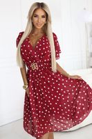 604-1 Sensual burgundy dress with white polka dots, envelope neckline and decorative belt