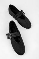 Shoeberry Women's Rodeo Black Suede Ballerinas with Buckle Detail