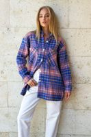 Trend Alaçatı Stili Women's Aviator Blue Plaid Patterned Cashmere Cotton Oversize Safari Jacket Shirt