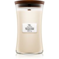 Woodwick White Tea & Jasmine dišeča sveča z lesenim stenjem 609.5 g