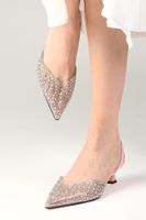 Mio Gusto Joyce Powder Color Transparent Pearl and Stone Embellished Women's Short Heeled Evening Shoes