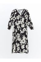 LC Waikiki LCWAIKIKI Classic Black Printed V Neck Floral Oversize Women's Dress