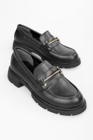 Shoeberry Women's Aston Black Leather Buckle Detail Loafer