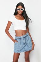 Trendyol Blue More Sustainable Pocket Detailed High Waist Denim Shorts Skirt